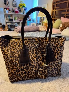 Prada Leopard Print Tote in Brown and Black